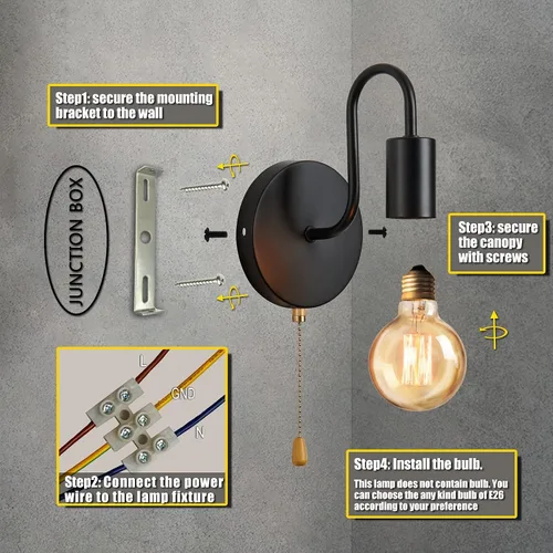 Vista 5 de Aplique de Pared Negro con Cadena de Tirar con Interruptor Luces de Pared Vintage E26 Lámpara de Pared Industrial Iluminación de Pared Retro