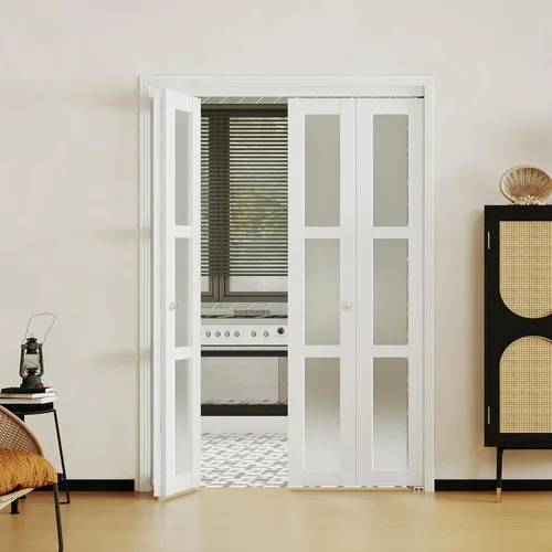 Vista 15 de BARNER HOME Puerta plegable, para abertura de 24"×80", panel plegable de puerta de 3 hojas de vidrio templado esmerilado con kit de herrajes