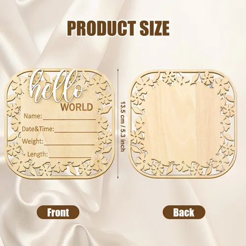 Vista 2 de Letrero de anuncio de madera con texto en inglés «Hello World» para recién nacido, letrero de anuncio de nacimiento de bebé, letrero de anuncio