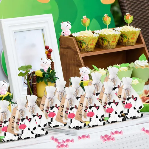 Vista 3 de CiciBear Paquete de 24 llaveros de vaca para decoración de fiesta para invitados, fiesta temática de vaca, animales de granja, baby shower, fiesta