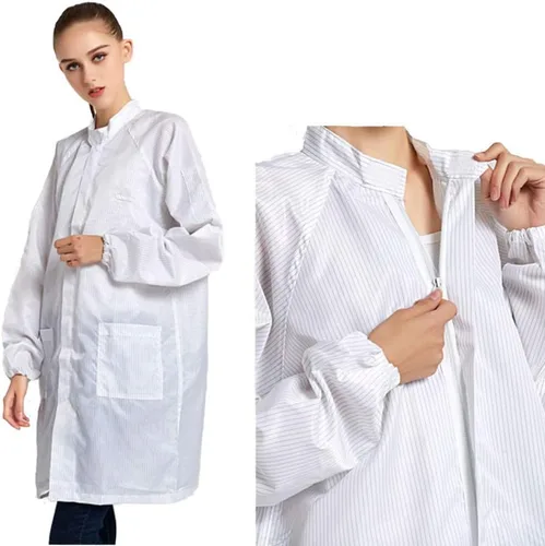 Vista 2 de Vestido de manga larga ESD con cremallera unisex antiestático de laboratorio no elástico ajuste cómodo cuello de pie uniforme mediano blanco