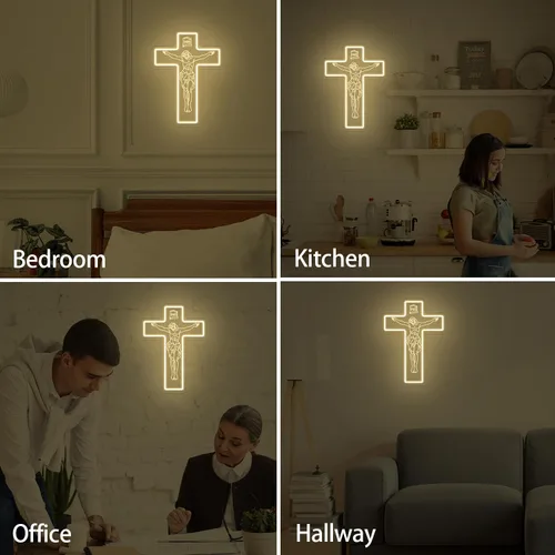 Vista 6 de Letrero de neón con cruz de Jesús, luz de neón LED de cruz de Jesús blanca cálida, hecha a mano con grabado 3D para amigos, familia, compromiso