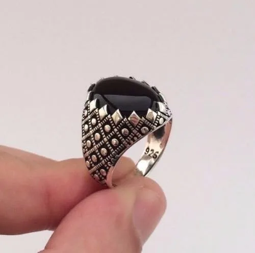 Vista 2 de Anillo de plata de ley 925K de ónix negro ovalado para hombre, Plata de ley, plata, Ónix