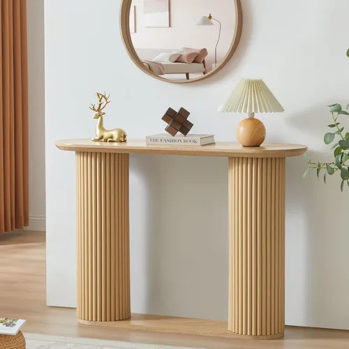 Vista 9 de Mesa Consola Acanalada, Mesa de Entrada Estilo Granja con Almacenamiento y Patas de Madera Acanalada, Mesa de Sofá Estrecha, Mesa de Entrada Pequeña