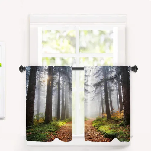 Vista 109 de Cortinas opacas de poliéster multicapa marrón con diseño de bosque natural, 2 unidades, 26 x 24 pulgadas