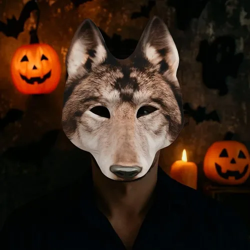 Vista 5 de 1 máscara de lobo para Halloween, media cara, máscara de lobo para Halloween, Navidad, carnaval, cosplay, accesorios de disfraz Marrón