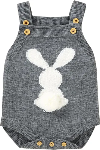Vista 7 de mimixiong Mameluco de punto de Pascua de conejito para bebé, sin mangas, lindo traje Azul