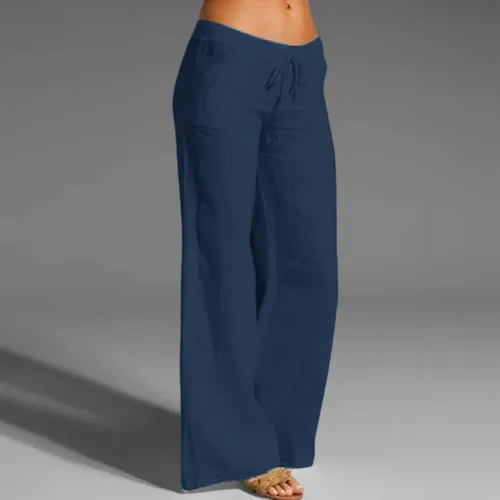 Vista 2 de FUMOOD Pantalón bohemio de lino para mujer, talla pequeña a grande, ligero, cintura alta, pierna ancha, pantalones de yoga, pantalones de gasa
