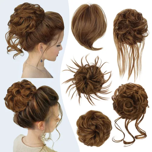 Vista 8 de HMD 5 piezas de moño despeinado para mujer, extensión de cabello con banda de goma elástica, extensión de cabello largo y desordenado, accesorios