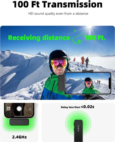 Vista 5 de Micrófono Lavalier inalámbrico para iPhone 15 16 y Android con cancelación de ruido, transmisión de 100 pies, duración de la batería de 18 horas
