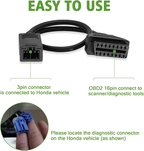 Vista 3 de Adaptador OBD1 a OBD2 para Honda Cable de 3 Pines, Compatible con Vehículo Honda Cable Adaptador de Conector Diagnóstico de 3pines Obd1 a 16pines