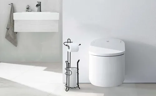 Vista 3 de SunnyPoint Soporte de papel higiénico independiente con almacenamiento, capacidad para 3 rollos de repuesto, acero resistente, acabado negro, fácil