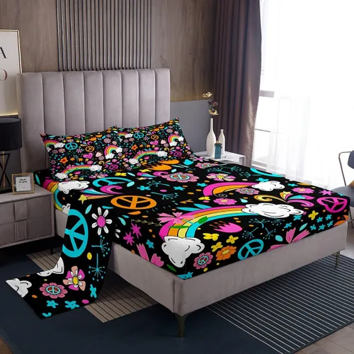 Vista 27 de Bonito juego de sábanas de flores para niñas y mujeres, sábanas coloridas de dibujos animados de flores funky de tamaño individual, bonito juego