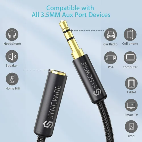 Vista 2 de Syncwire Cable de extensión de audio estéreo de 3.5 mm macho a hembra [Sonido Hi-Fi] [Conector chapado en oro] Cable de extensión AUX trenzado