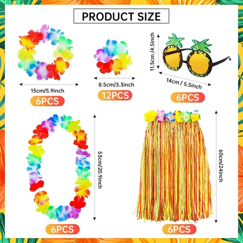Vista 3 de 6 juegos de falda hawaiana Luau Hula de hierba con piña, flores de sol para vacaciones, fiesta de verano hawaiana, cosplay