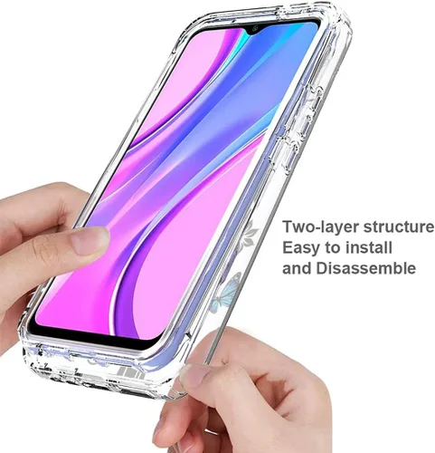 Vista 4 de Funda para Redmi 9/Redmi 9 Prime/Poco M2 M2004J19PI con protector de pantalla de vidrio templado, diseño de mariposa transparente de cuerpo