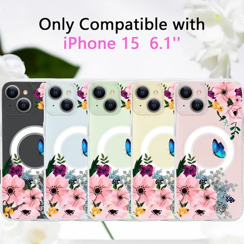 Vista 2 de Funda magnética de flores para iPhone 15 [compatible con MagSafe] Bonito patrón floral transparente a prueba de golpes