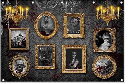 Vista 8 de Telón de fondo de fotografía de casa embrujada de Halloween de 7 x 5 pies, marco de fotos gótico de terror, telaraña aterradora, decoración