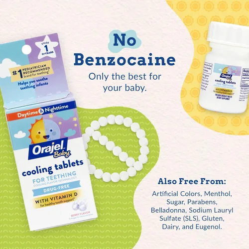 Vista 3 de Orajel Tabletas refrescantes para bebés para dentición con vitamina D, 100 tabletas de disolución rápida, color blanco