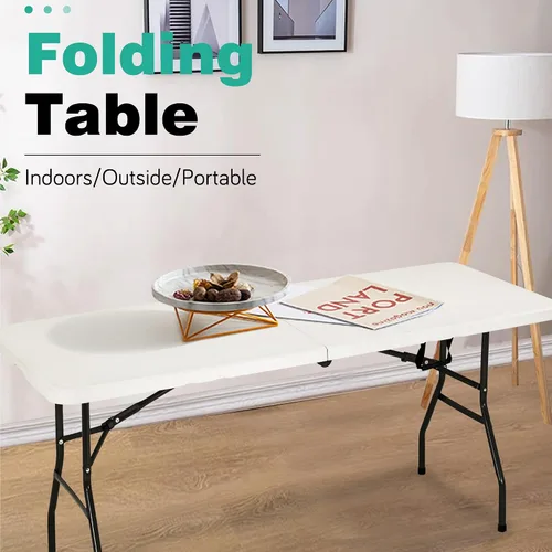 Vista 8 de PayLessHere Mesa plegable de plástico para fiestas, bodas, camping, oficina con asa de transporte (blanco, 6 pies)