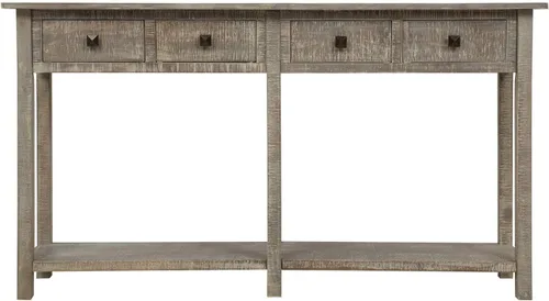 Vista 3 de Mesa consola de sofá de 59 pulgadas de largo, mesa de pasillo rústica con cajones de almacenamiento y estante, mesa de entrada retro de madera