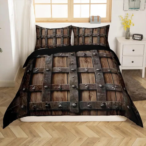 Vista 10 de Erosebridal Funda de edredón de madera con puerta de granero, juegos de ropa de cama estilo occidental, tamaño Queen, funda de edredón rústica