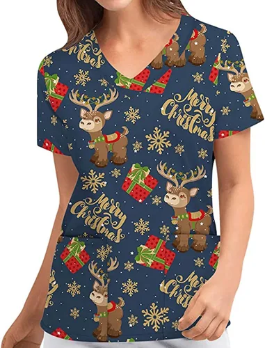 Vista 3 de Camisetas médicas de Feliz Navidad para mujer, camisas médicas de hospital, cuello en V, manga corta, uniformes de trabajo impresos