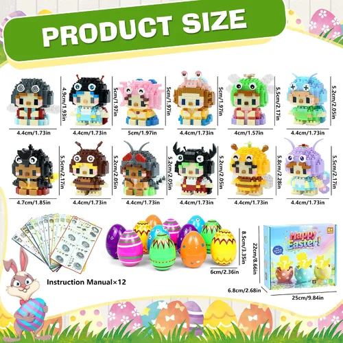 Vista 2 de Mini bloques de construcción de animales, paquete de 12 unidades, recuerdos de fiesta para construcción de niños, huevos de Pascua precargados