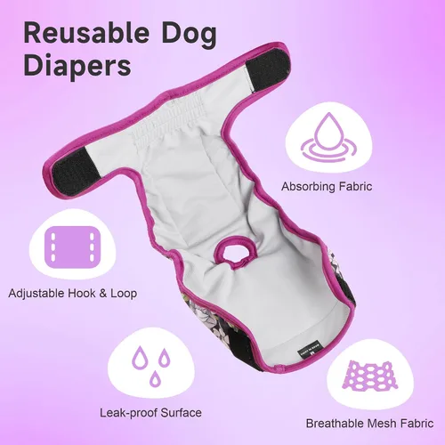Vista 4 de Pañales lavables para perros (paquete de 3), pañales reutilizables para el período de celo de la perrita, pañales reutilizables para perras hembras
