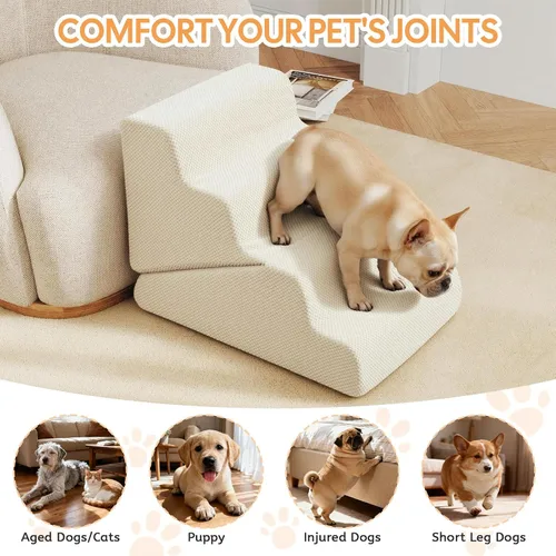 Vista 6 de Rampa para perros para cama, escaleras extra anchas de 20 Beige