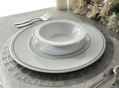 Vista 3 de OccasionS - 10 cargadores redondos de plástico acrílico de 13 pulgadas, para decoración de cenas, platos de carga (corona, blanco y plateado)