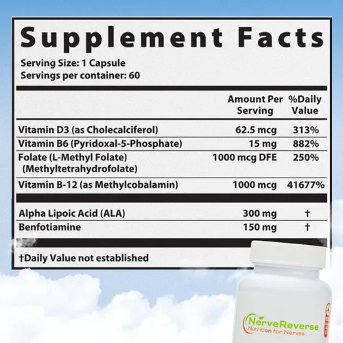 Vista 3 de NerveReverse Neuropatía Support Formula-Ácido alfa lipoico 600 mg, Benfotiamina Extra Fuerza, B12, B9, B6 y D3 - Apoyo para nervios, energía