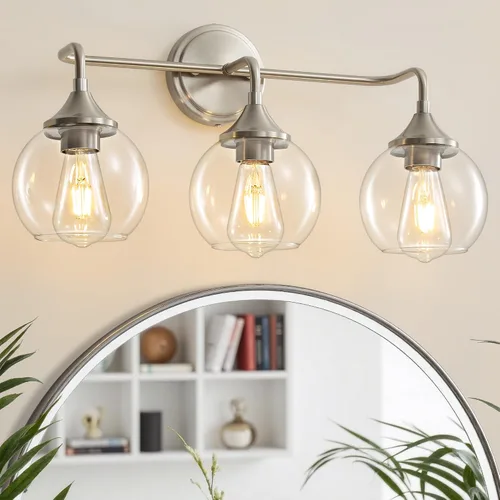 Vista 19 de Lámpara de Tocador de Baño Dorada con Pantalla de Vidrio Transparente, Base E26, Luminarias de Baño de 2 Luces Sobre Espejo, Luces de Tocador de 14