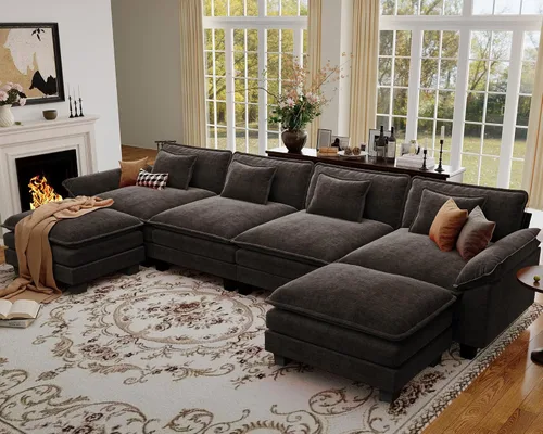 Vista 14 de Sofá modular de gran tamaño de 154 pulgadas, cómodo sofá en forma de U con 3 otomanas móviles, sofá moderno de felpilla de 7 plazas para sala