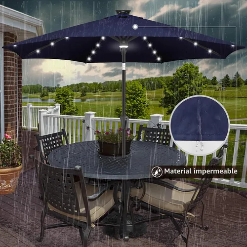 Vista 8 de FLAME&SHADE Sombrilla de exterior de 9 pies con 40 luces LED, sombrilla de patio con luz solar y luz envolvente central, sombrilla de mercado