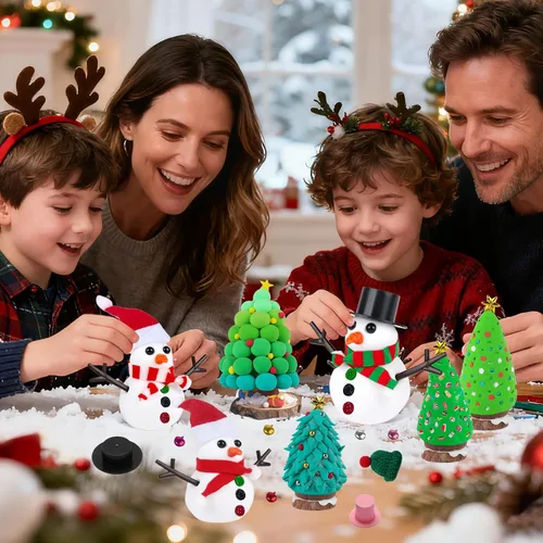 Vista 3 de FIIOEOY Juego de 24 piezas de arcilla para niños con diseño de muñeco de nieve y árboles de Navidad, colorido juego de manualidades de Navidad