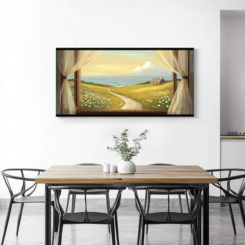 Vista 2 de Arte de pared costero vintage de 30 x 60 pulgadas, paisaje de ventana, granja, paisaje, naturaleza, pintura cálida, impresión sobre lienzo, arte