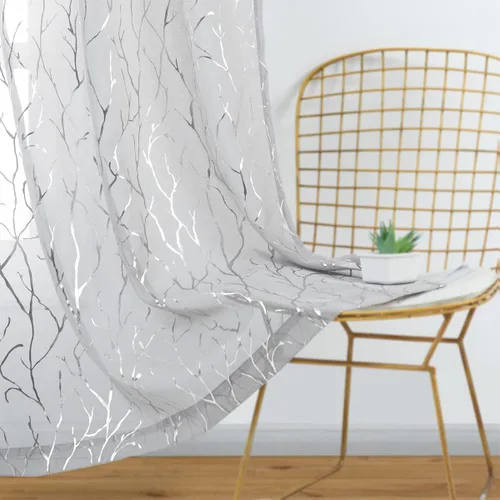 Vista 18 de Kotile Cortinas traslúcidas de rama de árbol – Cortinas traslúcidas grises con estampado de rama de árbol en lámina dorada metálica de 63 pulgadas