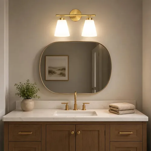 Vista 4 de Hamilyeah Lámpara de tocador de baño dorada con pantalla de vidrio esmerilado, 2 lámparas de tocador sobre espejo, 2 lámparas de pared para baño