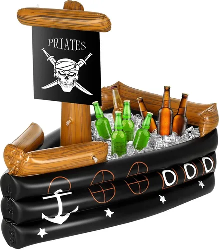 Vista 9 de Zhanmai Enfriador inflable de bebida de barco pirata, contenedor de comida inflable para verano, carnaval, Mardi Gras, fiesta de cumpleaños pirata