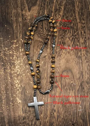 Vista 4 de Collar con colgante de cruz de ojo de tigre y hematita para hombres y mujeres, colgante de cruz de rosario de Cristo católico EM4H4 (07)