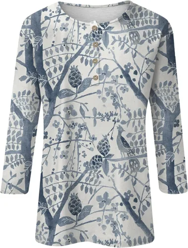 Vista 2 de Ropa de otoño para mujer, con cuello de botón, estampado de moda, siete mangas, estampado retro, camiseta ajustada y casual