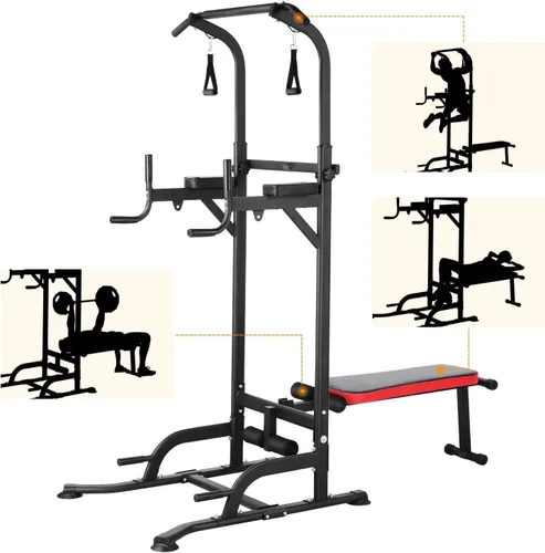Vista 8 de Arlopu Torre de Potencia con Banco, Soporte de Barra de Dominadas, Barra de Fondos con Banco Plegable, 4 Cuerdas Entrenamiento de Fuerza, Equipo