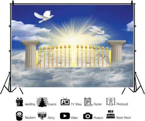 Vista 2 de Telón de fondo del cielo de 5x3 pies Puerta del cielo Puerta del paraíso Fondo fotográfico para niños, alfombra de baby shower, pancarta