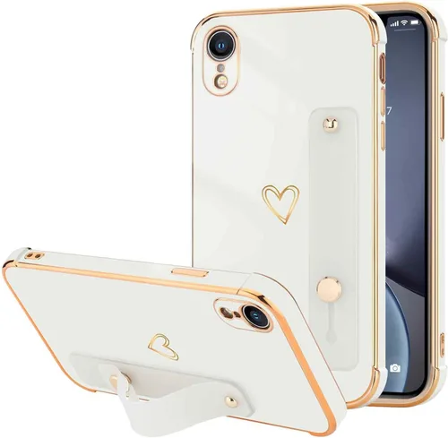 Vista 60 de LLZ.COQUE Funda compatible con iPhone 12 para mujeres y niñas, parachoques chapado de lujo con bonito diseño de corazón de amor, soporte de correa