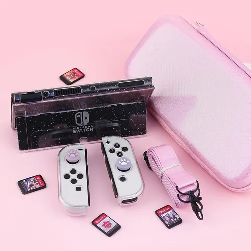 Vista 7 de Glitter Pink Carrying Case for Nintendo Switch OLED, Hard Portable Travel Case for Switch OLED Accessories with Clear Glitter Protective Cover