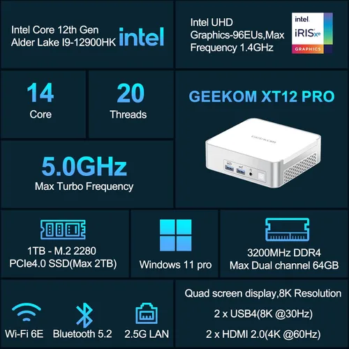 Vista 2 de GEEKOM Mini PC Gaming XT12 Pro, Intel i9-12900H, 32 GB de RAM y SSD de 1 TB Blanco frío