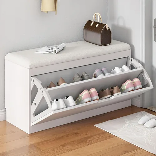 Vista 8 de Banco de zapatos, banco con almacenamiento de zapatos, banco de entrada superior con cojín extraíble, zapatero de madera con cajón de almacenamiento