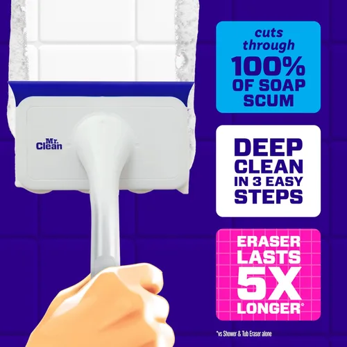 Vista 3 de Mr. Clean Borrador mágico para ducha y tina, limpiador de baño, limpiador de baño todo en uno, kit inicial de limón, 1 limpiador y 2 borradores