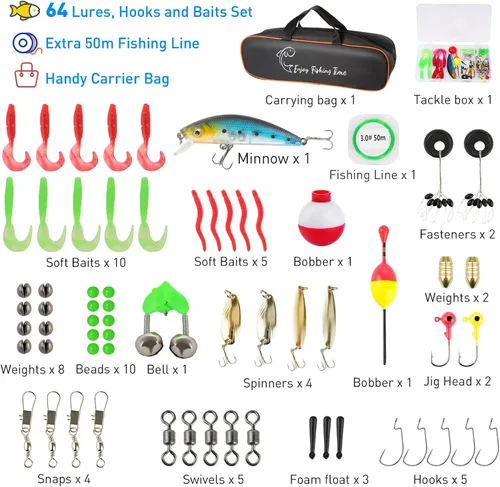 Vista 5 de Kit de caña de pescar para niños, caña telescópica de 59 pulgadas y carrete para principiantes con carrete Spincast, caja de aparejos, bolsa